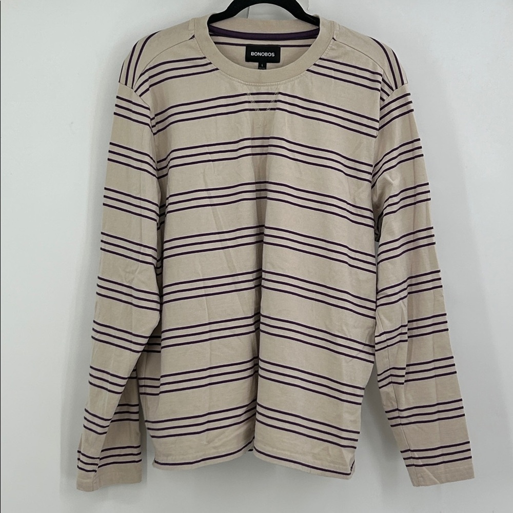 Bonobos Mens Striped Color Block Long Sleeve T-Shirt Beige Purple Cotton Size L